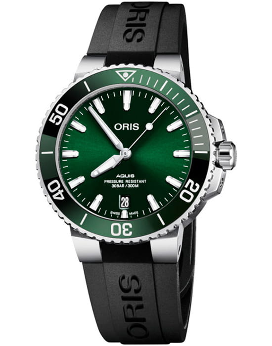 Oris Oris Aquis Date 01 733 7732 4157-07 4 21 64FC  01 733 7732 4157-07 4 21 64FC механические мужские часы зеленый циферблат, браслет каучук — вид спереди